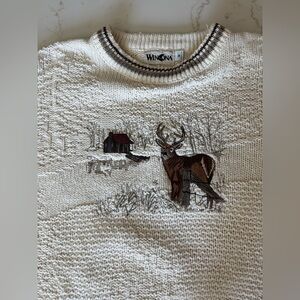 Winona Cream Sweater with Deer and Cabin Design